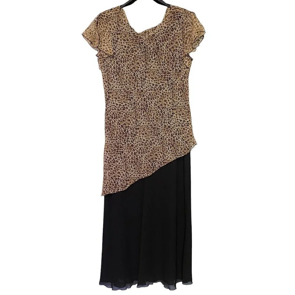 New LA Gal Black & Animal Print Flutter Short Sleeve Maxi‎ Dress Women's Size 8